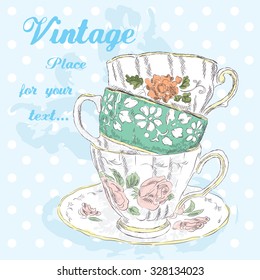 Hand drawing vintage cups. Vintage postcard.