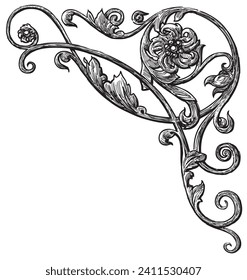 Hand drawing of vintage decorative architectural detail in corner shape, design element in old fashioned style for decoration background, vector illustration isolated on white