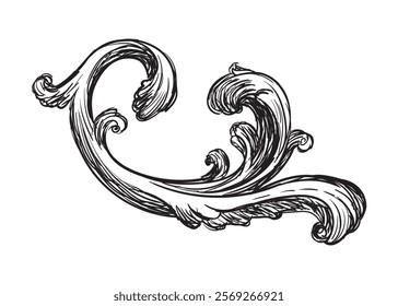 Hand drawing vintage decorative architectural detail, swirl floral design element in old fashioned baroque style. Vector illustration isolated on white. For decoration, background, print and design.