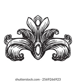 Hand drawing vintage decorative architectural detail, swirl floral design element in old fashioned baroque style. Vector illustration isolated on white. For decoration, background, print and design.