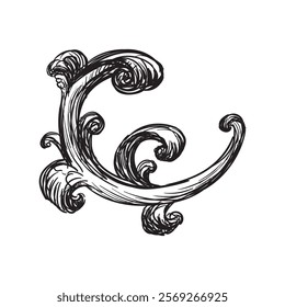 Hand drawing vintage decorative architectural detail, swirl floral design element in old fashioned baroque style. Vector illustration isolated on white. For decoration, background, print and design.