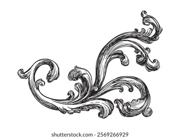 Hand drawing vintage decorative architectural detail, swirl floral design element in old fashioned baroque style. Vector illustration isolated on white. For decoration, background, print and design.