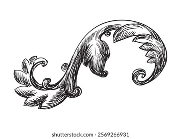 Hand drawing vintage decorative architectural detail, swirl floral design element in old fashioned baroque style. Vector illustration isolated on white. For decoration, background, print and design.