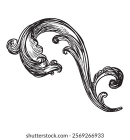 Hand drawing vintage decorative architectural detail, swirl floral design element in old fashioned baroque style. Vector illustration isolated on white. For decoration, background, print and design.