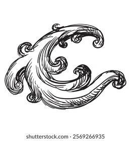 Hand drawing vintage decorative architectural detail, swirl floral design element in old fashioned baroque style. Vector illustration isolated on white. For decoration, background, print and design.