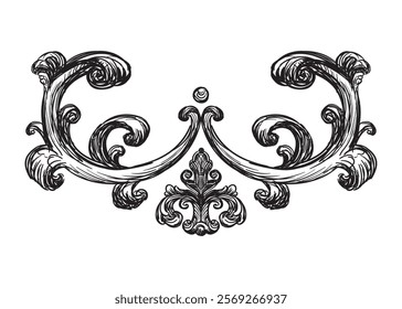 Hand drawing vintage decorative architectural detail, swirl floral design element in old fashioned baroque style. Vector illustration isolated on white. For decoration, background, print and design.