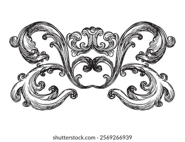 Hand drawing vintage decorative architectural detail, swirl floral design element in old fashioned baroque style. Vector illustration isolated on white. For decoration, background, print and design.