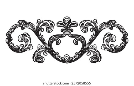 Hand drawing vintage decorative architectural detail, swirl floral design element in old fashioned baroque style. Vector illustration isolated on white. For decoration, background, print and design.