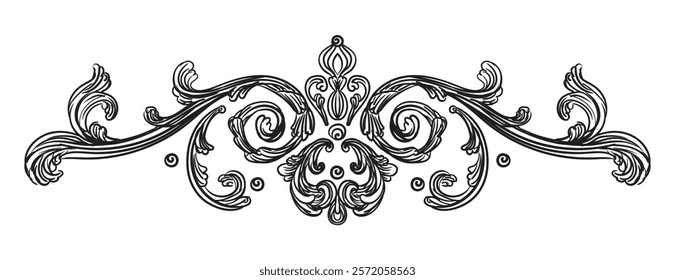 Hand drawing vintage decorative architectural detail, swirl floral design element in old fashioned baroque style. Vector illustration isolated on white. For decoration, background, print and design.