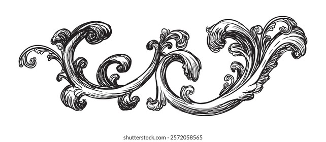 Hand drawing vintage decorative architectural detail, swirl floral design element in old fashioned baroque style. Vector illustration isolated on white. For decoration, background, print and design.