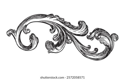 Hand drawing vintage decorative architectural detail, swirl floral design element in old fashioned baroque style. Vector illustration isolated on white. For decoration, background, print and design.