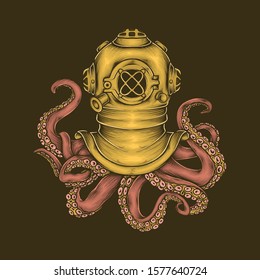 Hand Drawing Vintage Diver Helmet Octopus Vector Illustration