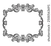 Hand drawing vintage frame baroque style. Sketch of ornate design element. Vector isolated engraving illustration. Old fashioned vignette engraving ornament. For decoration, print and design.