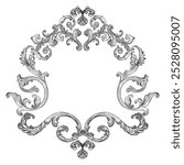 Hand drawing vintage frame baroque style. Sketch of monogram ornate design element. Vector isolated monochrome illustration. Old fashioned vignette engraving ornament. For decoration, print, design