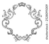 Hand drawing vintage frame baroque style. Sketch of ornate design element. Vector isolated engraving illustration. Old fashioned vignette engraving ornament. For decoration, print and design.