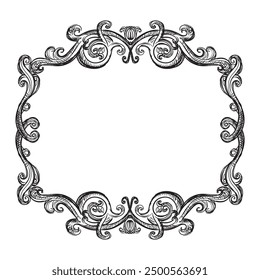 Hand drawing vintage frame baroque style. Sketch of ornate design element. Vector isolated engraving illustration. Old fashioned vignette engraving ornament. For decoration, print and design.