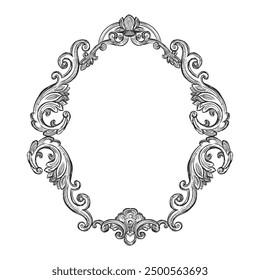 Hand drawing vintage frame baroque style. Sketch of ornate design element. Vector isolated engraving illustration. Old fashioned vignette engraving ornament. For decoration, print and design.