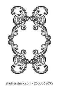 Hand drawing vintage frame baroque style. Sketch of ornate design element. Vector isolated engraving illustration. Old fashioned vignette engraving ornament. For decoration, print and design.