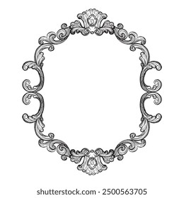 Hand drawing vintage frame baroque style. Sketch of ornate design element. Vector isolated engraving illustration. Old fashioned vignette engraving ornament. For decoration, print and design.