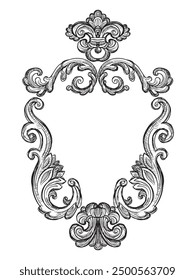 Hand drawing vintage frame baroque style. Sketch of ornate design element. Vector isolated engraving illustration. Old fashioned vignette engraving ornament. For decoration, print and design.