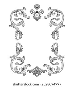 Hand drawing vintage frame baroque style. Sketch of ornate design element. Vector isolated engraving illustration. Old fashioned vignette engraving ornament. For decoration, print and design.