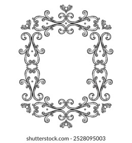 Hand drawing vintage frame baroque style. Sketch of ornate design element. Vector isolated engraving illustration. Old fashioned vignette engraving ornament. For decoration, print and design.
