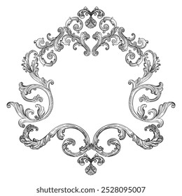 Hand drawing vintage frame baroque style. Sketch of monogram ornate design element. Vector isolated monochrome illustration. Old fashioned vignette engraving ornament. For decoration, print, design