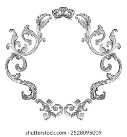 Hand drawing vintage frame baroque style. Sketch of ornate design element. Vector isolated engraving illustration. Old fashioned vignette engraving ornament. For decoration, print and design.