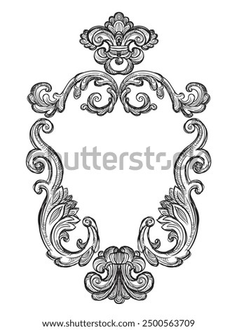 Hand drawing vintage frame baroque style. Sketch of ornate design element. Vector isolated engraving illustration. Old fashioned vignette engraving ornament. For decoration, print and design.