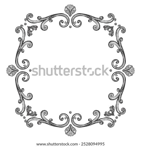 Hand drawing vintage frame baroque style. Sketch of ornate design element. Vector isolated engraving illustration. Old fashioned vignette engraving ornament. For decoration, print and design.