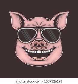 Hand drawing vintage funky pig vector illustration