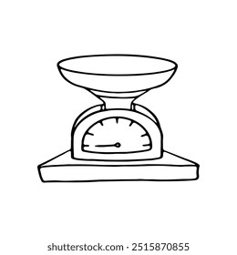 hand drawing of a vintage kitchen scale with a bowl on top and a dial below.