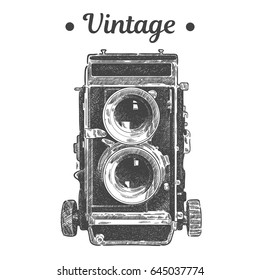 Hand drawing vintage old lens retro photo camera. Isolated vector illustration