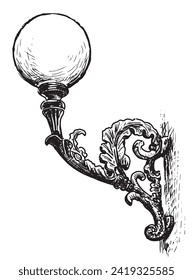 Hand drawing of vintage ornate sconce lamp with round lampshade, vector illustration isolated on white 