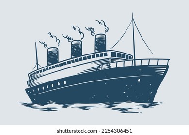 Hand drawing vintage steam boat trans atlantic ocean theme.