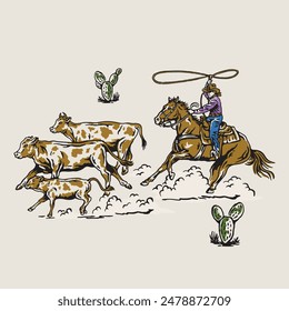 Hand Drawing Vintage Western Cowboy Wildlife Graphic Illustration Assets