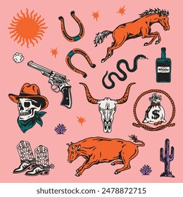 Hand Drawing Vintage Western Cowboy Wildlife Graphic Illustration Assets