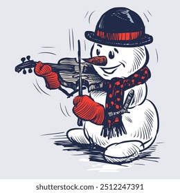 Hand drawing of violinist snowman, cheerful cartoon musician playing in christmas, vector illustration