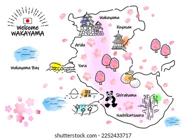 hand drawing WAKAYAMA JAPAN in Spring tourist spot map, pink, vector