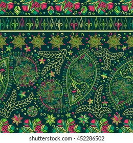 Hand drawing wallpaper. Paisley vintage floral motif ethnic seamless background. Printable colors abstract lace pattern. Editable colors without losing seamlessly. Buta texture