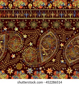Hand drawing wallpaper. Paisley vintage floral motif ethnic seamless background. Printable colors abstract lace pattern. Editable colors without losing seamlessly. Buta texture