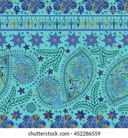 Hand drawing wallpaper. Paisley vintage floral motif ethnic seamless background. Printable colors abstract lace pattern. Editable colors without losing seamlessly. Buta texture