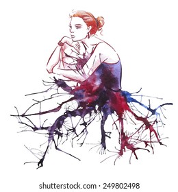 Hand drawing watercolor ballerina, vector