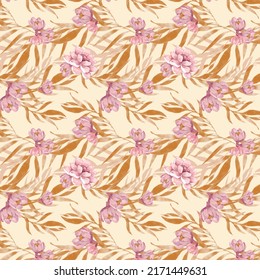 Hand drawing watercolor of Brown palm leaves  and blooming pink flower seamless pattern on yellow pastel background for  textile, fabric, wrapping paper and wallpaper