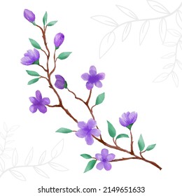 Hand drawing watercolor flower and greed leaves vector 