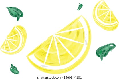 Hand Drawing Watercolor Illustration of Floating Three Lemon Slices.