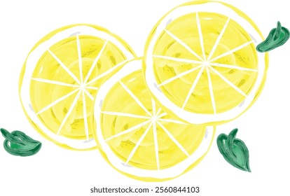 Hand Drawing Watercolor Illustration of Floating Circular Lemon Slices.