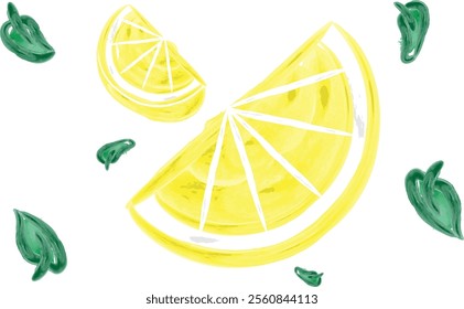 Hand Drawing Watercolor Illustration of Floating Lemon Slices.