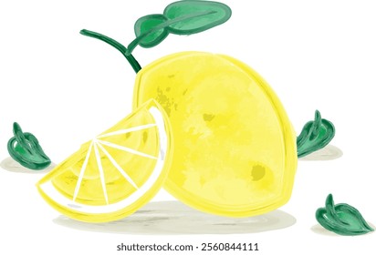 Hand Drawing Watercolor Illustration of One Whole Lemon and One Lemon Slice Side by Side.