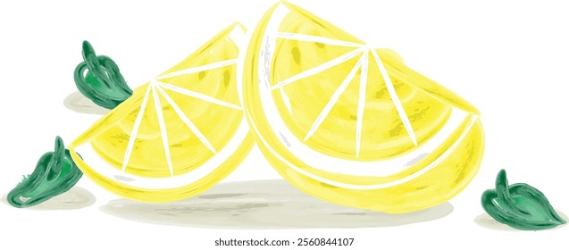Hand Drawing Watercolor Illustration of Two Slices Lemon Fruit